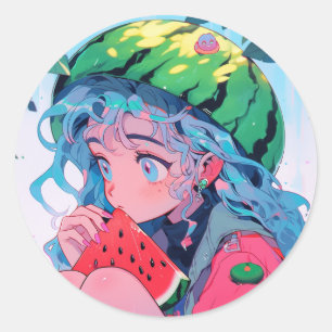 Pegatina Redonda Cute Kawaii Watermelon Fruit Nature Anime Chica