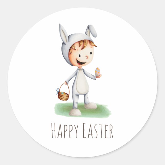 Pegatina Redonda Cute Kid Rabbit Happy Easter Party (Anverso)