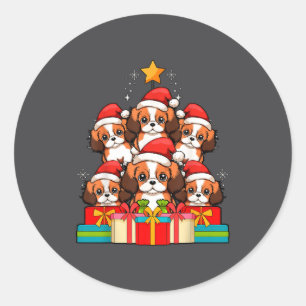 Pegatina Redonda Cute King Charles Cavalier Le perro árbol de Navid