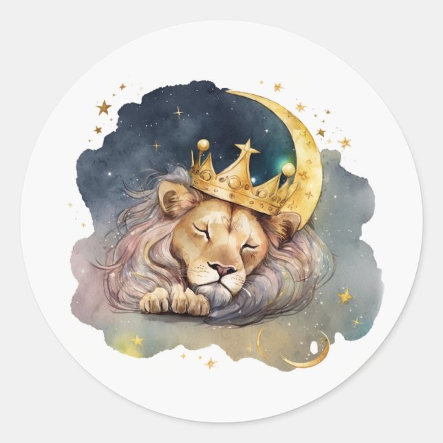 Pegatina Redonda Cute  king Lion Sleeping On The Moon               (Anverso)