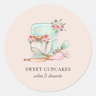 Pegatina Redonda Cute Kitchen mezcladora con flores Panadería  
