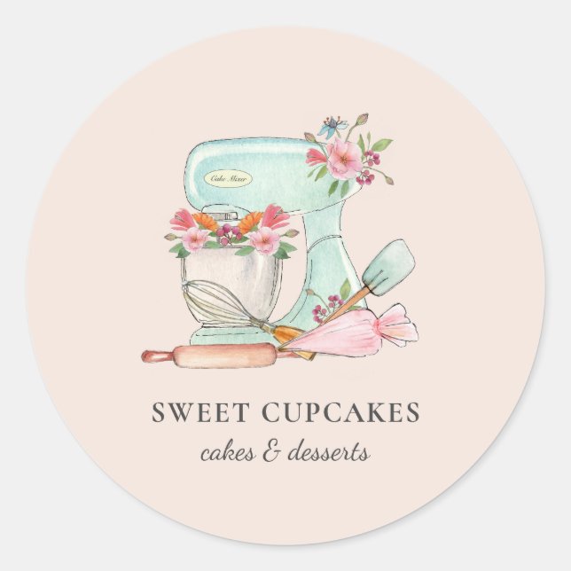 Pegatina Redonda Cute Kitchen mezcladora con flores Panadería   (Anverso)