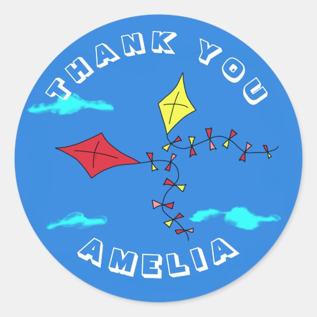 Pegatina Redonda Cute Kites Red Yellow Name Kids Birday Gracias (Anverso)