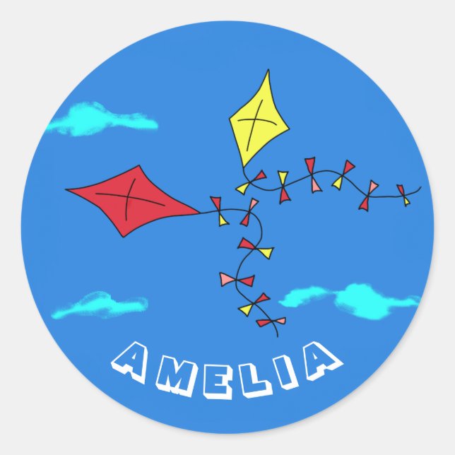 Pegatina Redonda Cute Kites Rojo Amarillo con Nombre de Niños Cumpl (Anverso)