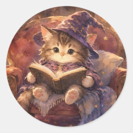 Pegatina Redonda Cute Kitten Brujo Sticker Leyendo