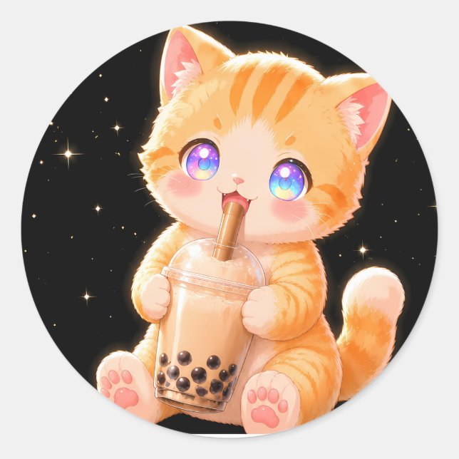 Pegatina Redonda Cute Kitten & Bubble Tea (Anverso)