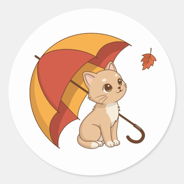 Pegatina Redonda Cute Kitten Cat Red Yellow Umbrella Fall (Anverso)