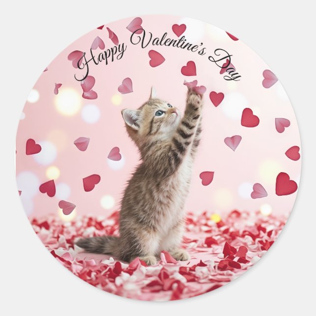 Pegatina Redonda Cute Kitten Catching Valentine Heart Petals (Anverso)