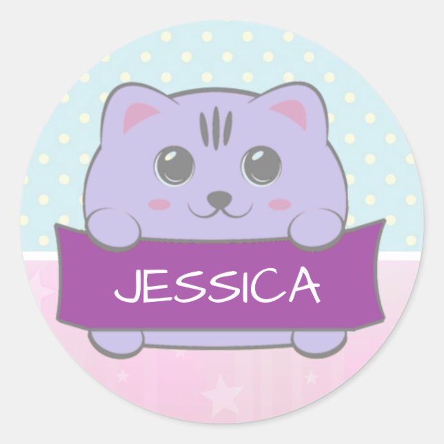 Pegatina Redonda Cute Kitten Personalised Polka Dot (Anverso)