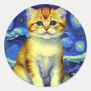 Pegatina Redonda Cute Kitten Starry Night Van Gogh