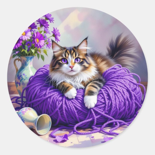 Pegatina Redonda Cute Kitty Cat in Ball of Purple Yarn (Anverso)