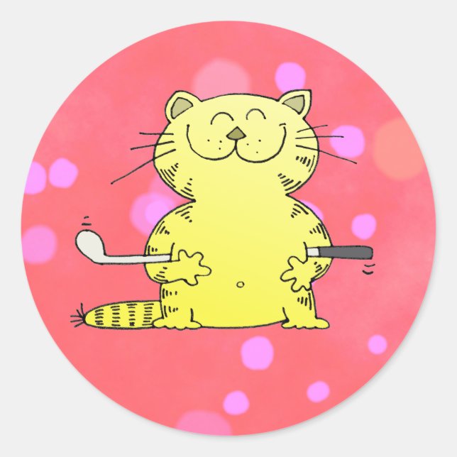 Pegatina Redonda Cute Kitty Golfer Red Back Ground (Anverso)