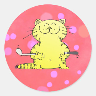 Pegatina Redonda Cute Kitty Golfer Red Back Ground
