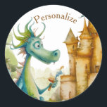 Pegatina Redonda Cute Knight Dragon Castle Birthday Party Kids<br><div class="desc">Entreténgase con nuestros Pegatinas de cumpleaños en el castillo de hadas del famoso Cute Knight Dragon. Perfecto para una fiesta de cumpleaños de niños, este encantador diseño cuenta con un maravilloso castillo, valientes caballeros y amistosos dragones. Personalizar con todo el nombre de su hijo. ¡Hagan del cumpleaños de su hijo...</div>