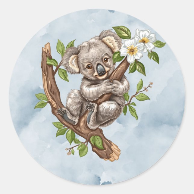 Pegatina Redonda Cute Koala Bear Blue Watercolor Baby Shower (Anverso)