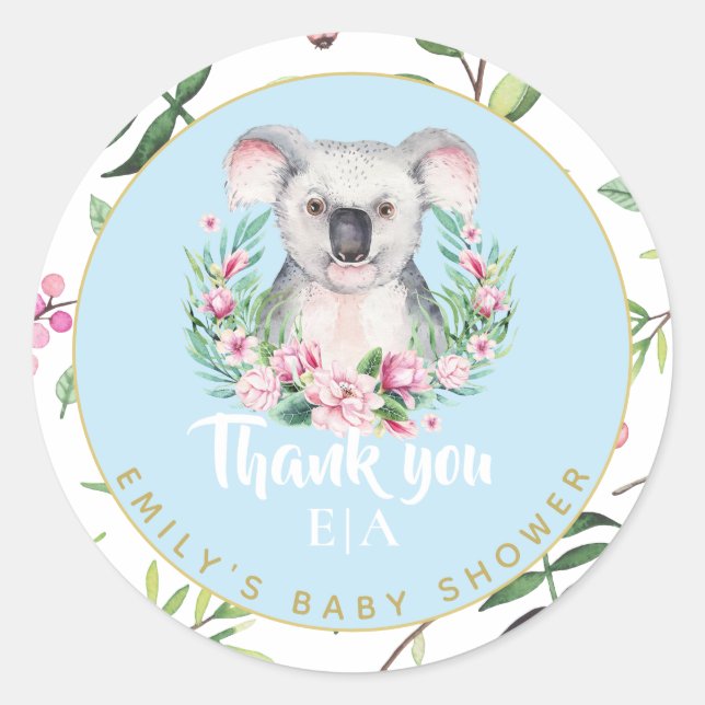 Pegatina Redonda Cute Koala Bear Monograma Baby Shower Gracias (Anverso)
