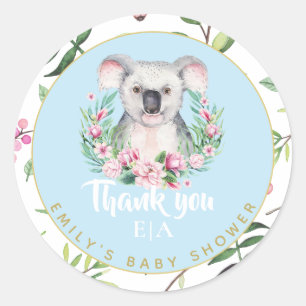 Pegatina Redonda Cute Koala Bear Monograma Baby Shower Gracias