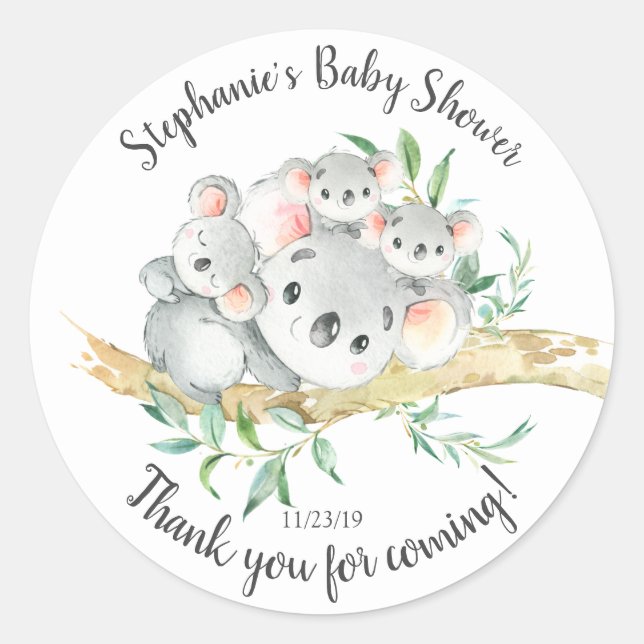 Pegatina Redonda Cute Koala Bear Triplets Baby Shower Favor (Anverso)