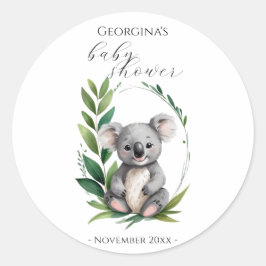 Pegatina Redonda Cute Koala Bear Watercolor Green Baby Shower