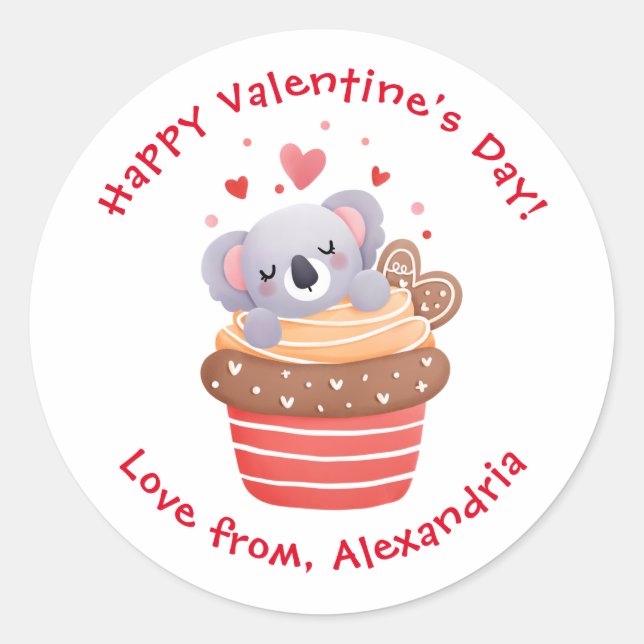 Pegatina Redonda Cute Koala en Cupcake Tarjeta Personalizada del Dí (Anverso)
