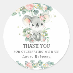 Pegatina Redonda Cute Koala Eucalyptus Floral Rosa Gracias Favor