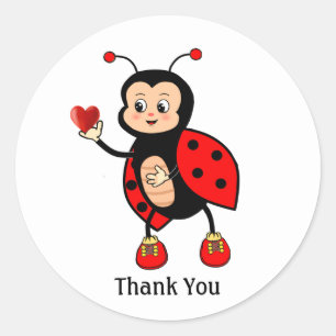 Pegatina Redonda Cute Ladybug y Heart Gracias