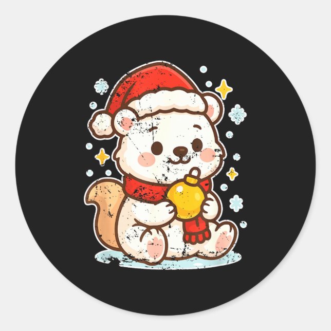 Pegatina Redonda Cute Lar Bear Winter With Santa Hat  (Anverso)