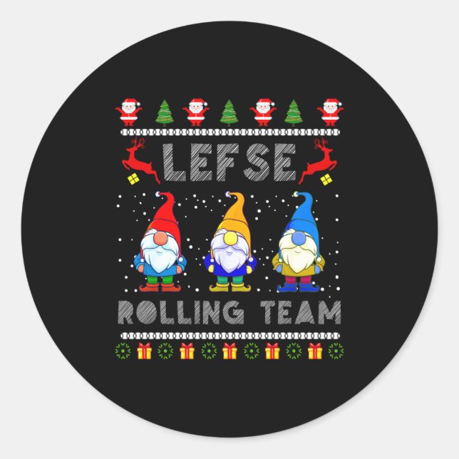 Pegatina Redonda Cute Lefse Rolling Team Norwegian Gnomes Ugly Xmas (Anverso)