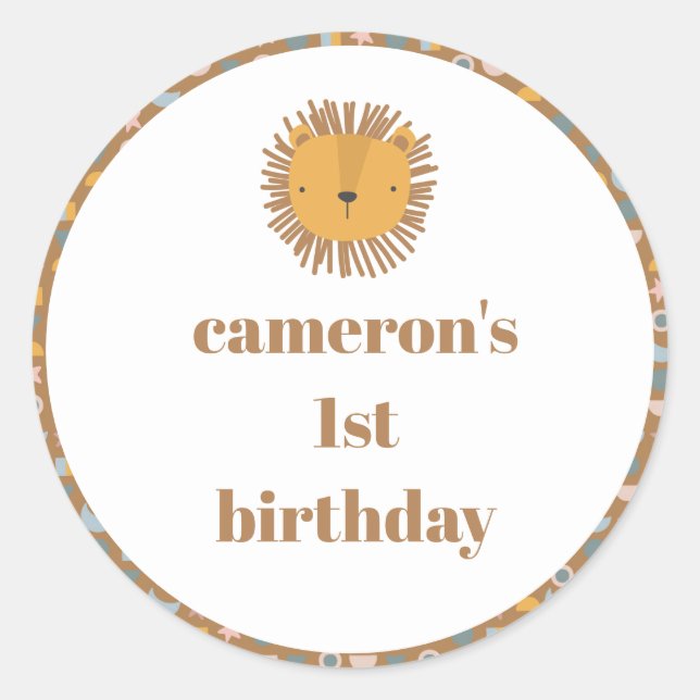 Pegatina Redonda Cute león bebé Personalizado animal Fiesta de cump (Anverso)
