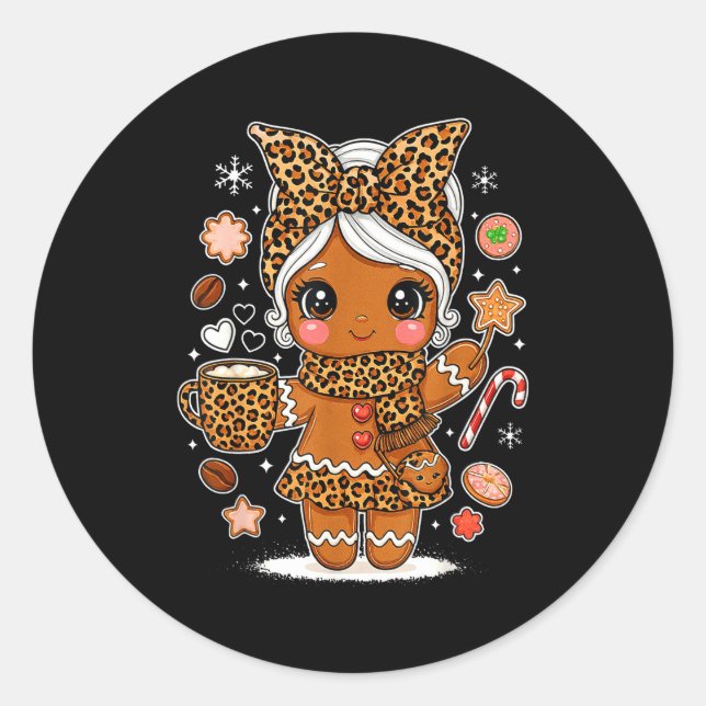 Pegatina Redonda Cute Leopard Gingerbread Girl Coquette Bow Holiday (Anverso)