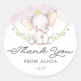 Pegatina Redonda Cute Lilac Watercolor Baby Elephant Gracias