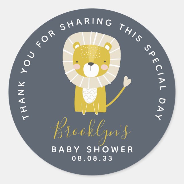 Pegatina Redonda Cute Lion Baby Shower Gracias (Anverso)