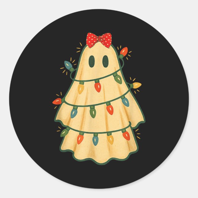 Pegatina Redonda Cute Lit Ghost Christmas Tree Funny Gift Halloween (Anverso)