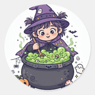 Pegatina Redonda Cute Little Bruja Preparando Poción Halloween Stic