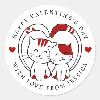Pegatina Redonda Cute Little Cats Happy Valentine's Day