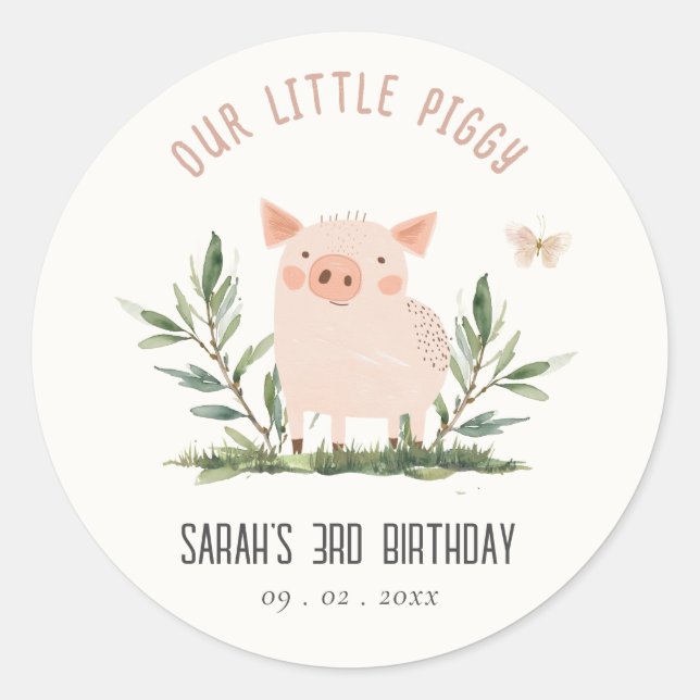 Pegatina Redonda Cute Little Farm Pig Butterfly Kids Cumpleaños (Anverso)