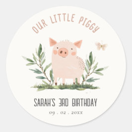 Pegatina Redonda Cute Little Farm Pig Butterfly Kids Cumpleaños