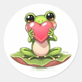 Pegatina Redonda Cute Little Frog Holding a Heart