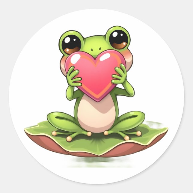 Pegatina Redonda Cute Little Frog Holding a Heart (Anverso)
