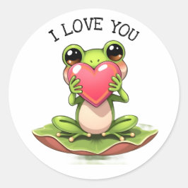Pegatina Redonda Cute Little Frog Holding a Heart | I Love You