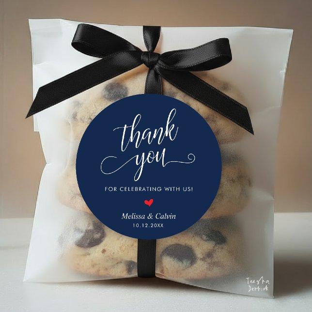 Pegatina Redonda Cute Little Heart Modern Wedding Thank You Gifts (Cute Little Red Heart Modern Classy Wedding Thank You Gifts Classic Round Sticker in Navy Blue)