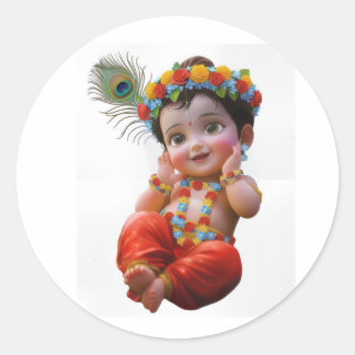 Pegatina Redonda Cute Little Krishna Póster de Arte Tradicional Ind