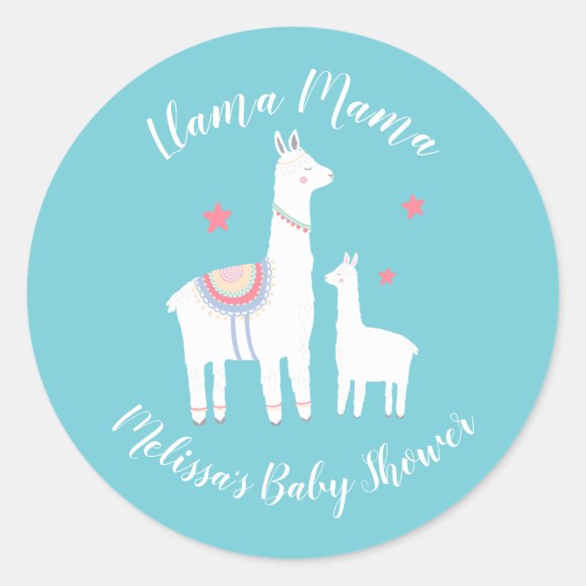 Pegatina Redonda Cute Llama Mama Turquoise Moderno Baby Shower (Anverso)