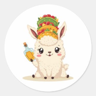 Pegatina Redonda Cute Llama Taco Tequila Sticker - Kawaii Comida Di