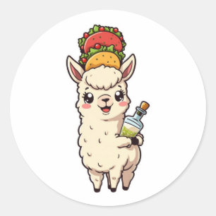 Pegatina Redonda Cute Llama Taco Tequila Sticker - Kawaii Comida Di