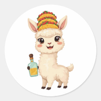 Pegatina Redonda Cute Llama Taco Tequila Sticker - Kawaii Food Fun