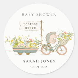 Pegatina Redonda Cute local Hedgehog Flora Bike Baby Shower