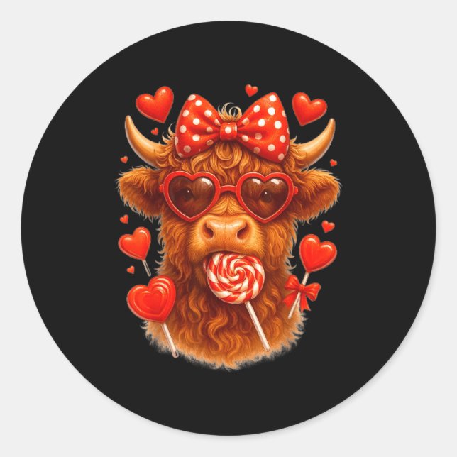 Pegatina Redonda Cute Lollip Highland Cow Valentine's Day Red Heart (Anverso)