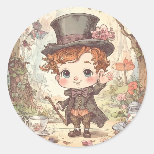 Pegatina Redonda Cute Mad Hatter Whimsical Wonderland Woodland Art (Anverso)