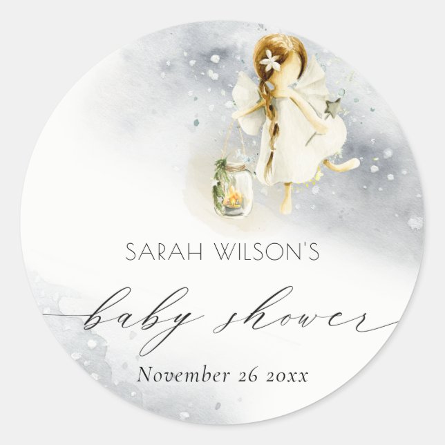 Pegatina Redonda Cute mágico Starry Watercolor Fairy Baby Shower (Anverso)